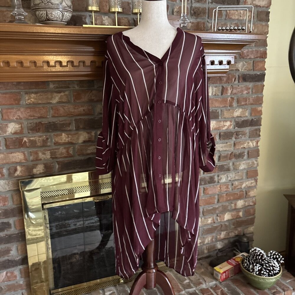 Torrid Burgundy Striped Long Blouse Sheer Size 4 Tunic - Picture 1 of 6